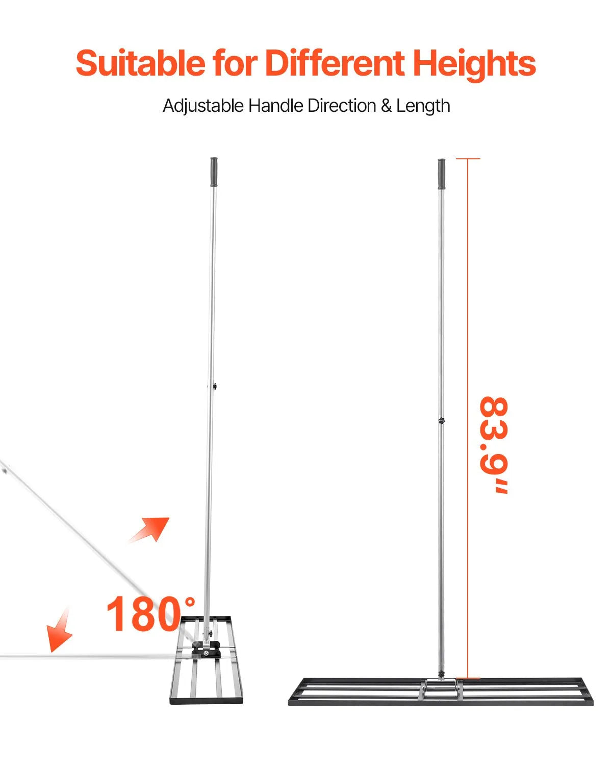 VEVOR zāliena izlīdzināšanas grābeklis ar 213 cm rokturi, 1219 × 254 mm zemes plāksne, pret rūsu noturīgs oglekļa tērauda augsnes izlīdzināšanas instruments ar 2 augstuma regulēšanas līmeņiem, zālienam, pagalmam un golfa laukumiem