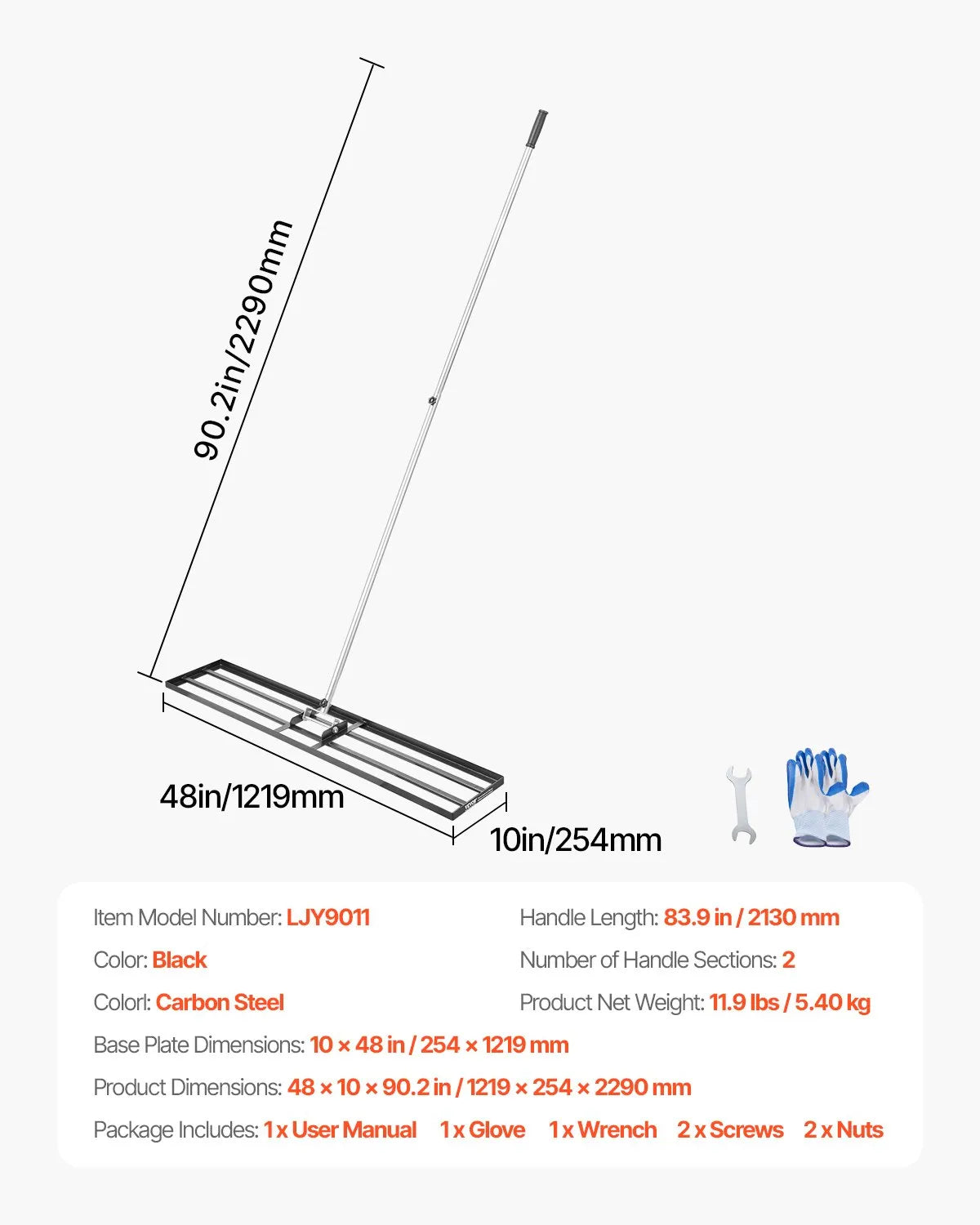 VEVOR zāliena izlīdzināšanas grābeklis ar 213 cm rokturi, 1219 × 254 mm zemes plāksne, pret rūsu noturīgs oglekļa tērauda augsnes izlīdzināšanas instruments ar 2 augstuma regulēšanas līmeņiem, zālienam, pagalmam un golfa laukumiem