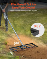 VEVOR zāliena izlīdzināšanas grābeklis ar 213 cm rokturi, 762 × 254 mm zemes plāksne, pret rūsu noturīgs oglekļa tērauda augsnes izlīdzināšanas instruments ar 3 augstuma regulēšanas līmeņiem, zālienam, pagalmam un golfa laukumiem