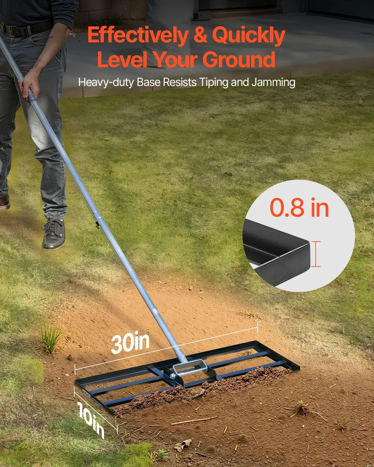 VEVOR zāliena izlīdzināšanas grābeklis ar 213 cm rokturi, 762 × 254 mm zemes plāksne, pret rūsu noturīgs oglekļa tērauda augsnes izlīdzināšanas instruments ar 3 augstuma regulēšanas līmeņiem, zālienam, pagalmam un golfa laukumiem