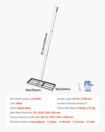 VEVOR zāliena izlīdzināšanas grābeklis ar 213 cm rokturi, 762 × 254 mm zemes plāksne, pret rūsu noturīgs oglekļa tērauda augsnes izlīdzināšanas instruments ar 3 augstuma regulēšanas līmeņiem, zālienam, pagalmam un golfa laukumiem