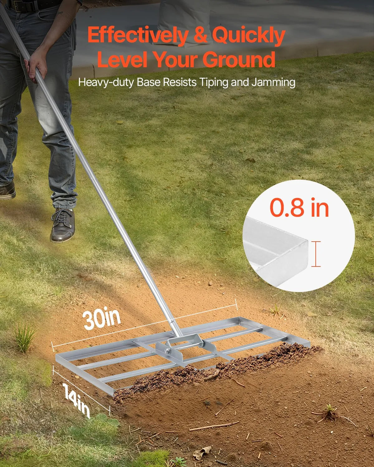 VEVOR zāliena līdzināšanas grābeklis ar 2130 mm rokturi, 1220 × 254 mm plāksni, oglekļa tērauda zāliena līdzinātājs ar 2 regulējamiem augstumiem, zāliena izlīdzināšanas instruments pagalmam un golfa laukumiem