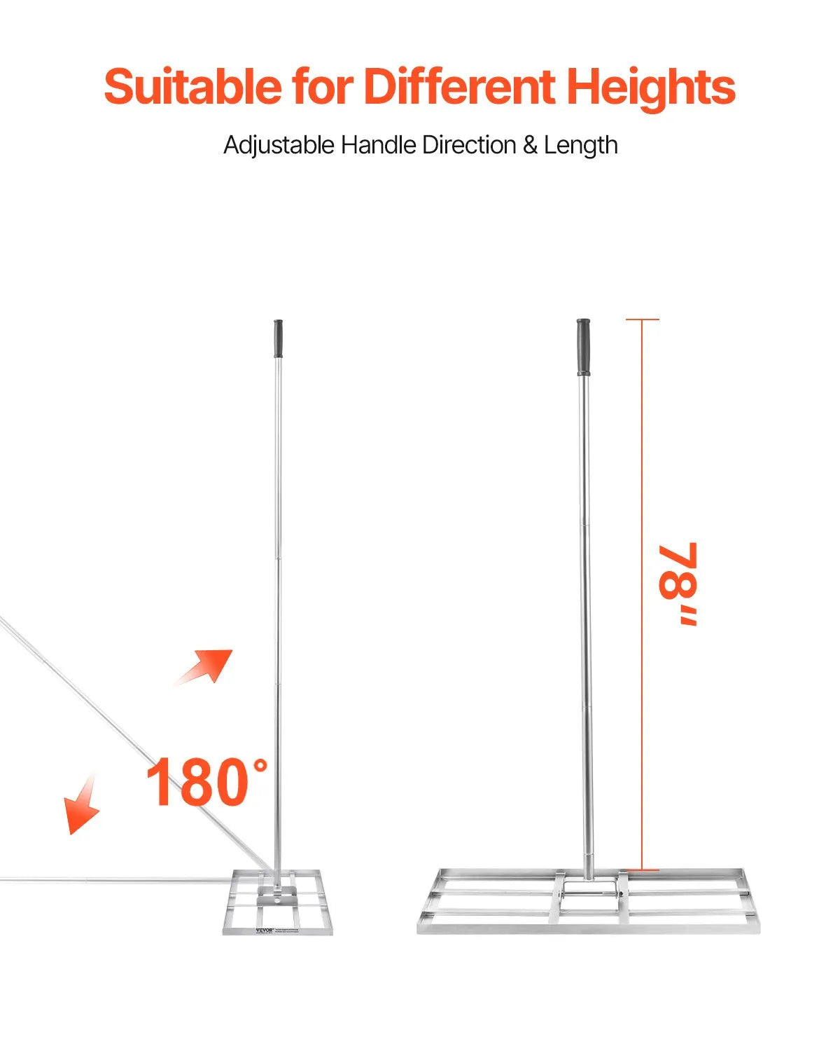 VEVOR zāliena līdzināšanas grābeklis ar 2130 mm rokturi, 1220 × 254 mm plāksni, oglekļa tērauda zāliena līdzinātājs ar 2 regulējamiem augstumiem, zāliena izlīdzināšanas instruments pagalmam un golfa laukumiem