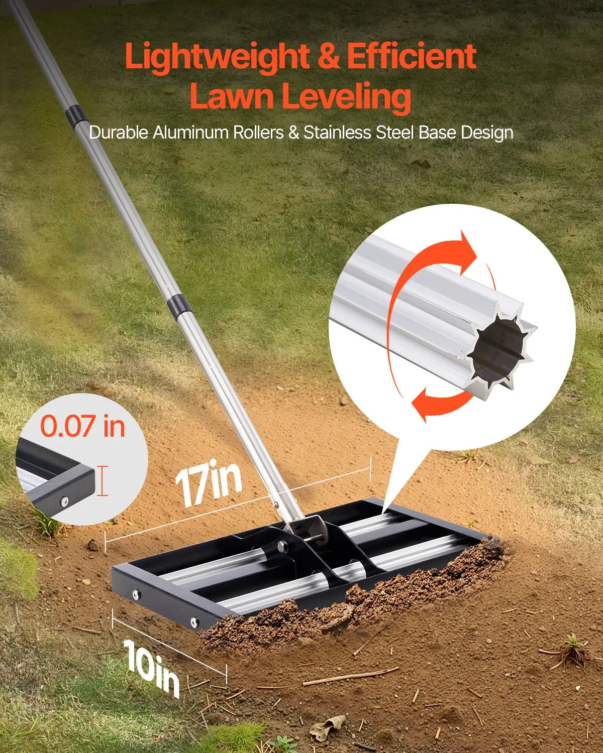 VEVOR Lawn Rake with a 161 cm Adjustable Handle, 43.2 × 25.4 cm ground plate, durable and rust-resistant metal lawn rake, lawn leveling tool for yards and golf courses