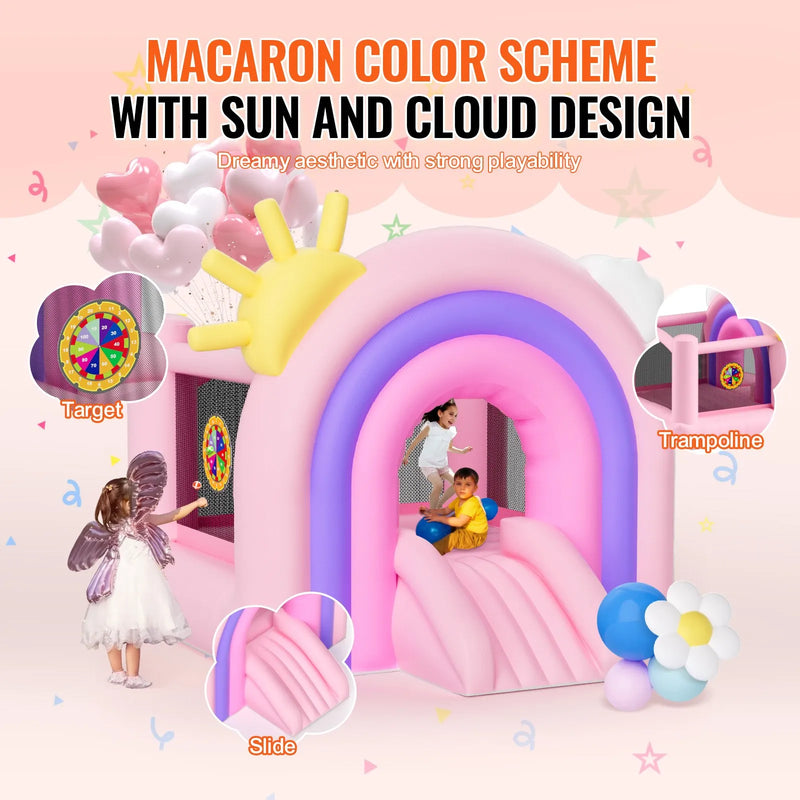 VEVOR piepūšamā lēkāšanas pils, iekštelpu un āra rotaļu mājiņa ar batutu, bērnu piepūšamā atrakcija ar ventilatoru, slidkalniņu un uzglabāšanas somu, ģimenes piemājas batuta pils zēniem un meitenēm no 3 līdz 8 gadu vecumam, 2794 × 2311 × 2311 mm