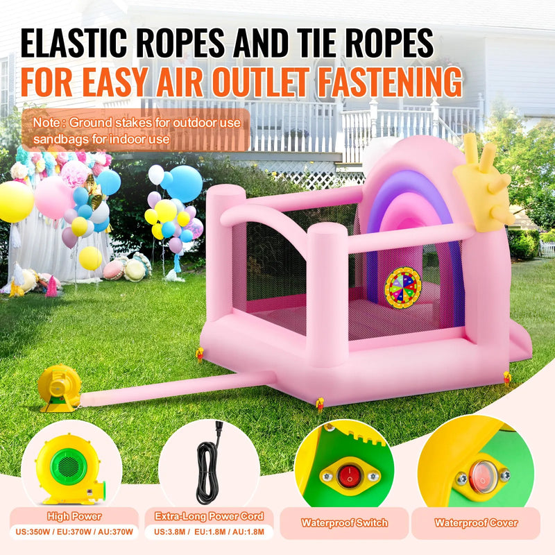VEVOR piepūšamā lēkāšanas pils, iekštelpu un āra rotaļu mājiņa ar batutu, bērnu piepūšamā atrakcija ar ventilatoru, slidkalniņu un uzglabāšanas somu, ģimenes piemājas batuta pils zēniem un meitenēm no 3 līdz 8 gadu vecumam, 2794 × 2311 × 2311 mm