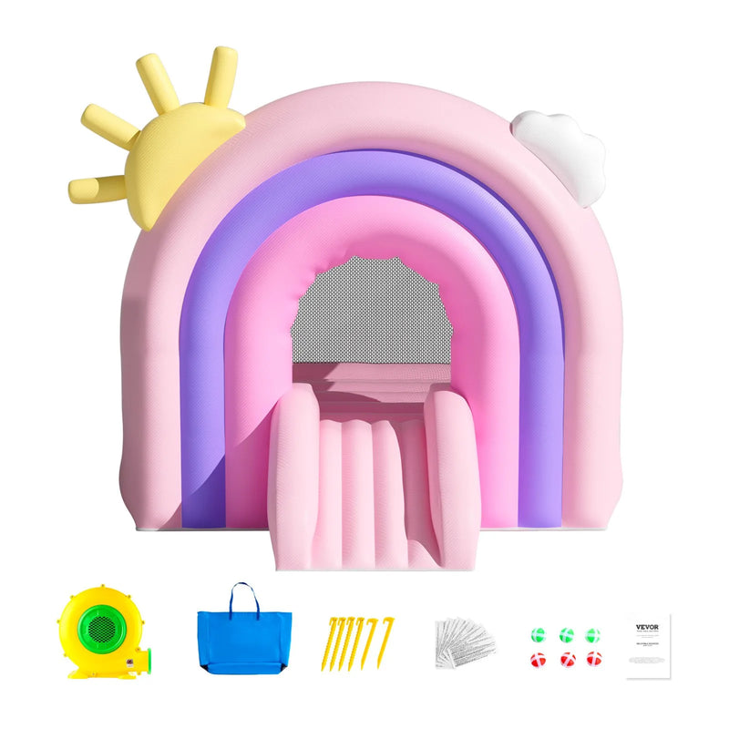 VEVOR piepūšamā lēkāšanas pils, iekštelpu un āra rotaļu mājiņa ar batutu, bērnu piepūšamā atrakcija ar ventilatoru, slidkalniņu un uzglabāšanas somu, ģimenes piemājas batuta pils zēniem un meitenēm no 3 līdz 8 gadu vecumam, 2794 × 2311 × 2311 mm