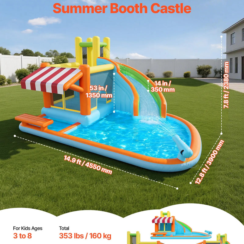 VEVOR piepūšamā lēkāšanas pils ar ūdens slidkalniņu, 4540 × 3900 × 2380 mm piepūšamā atrakcija ar lēkšanas zonu, augstu slidkalniņu, šļakatu baseinu un rotaļu tirgus kiosku, paredzēta 3–4 bērniem vecumā no 3 līdz 8 gadiem