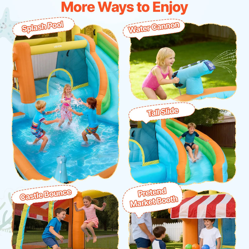 VEVOR piepūšamā lēkāšanas pils ar ūdens slidkalniņu, 4540 × 3900 × 2380 mm piepūšamā atrakcija ar lēkšanas zonu, augstu slidkalniņu, šļakatu baseinu un rotaļu tirgus kiosku, paredzēta 3–4 bērniem vecumā no 3 līdz 8 gadiem