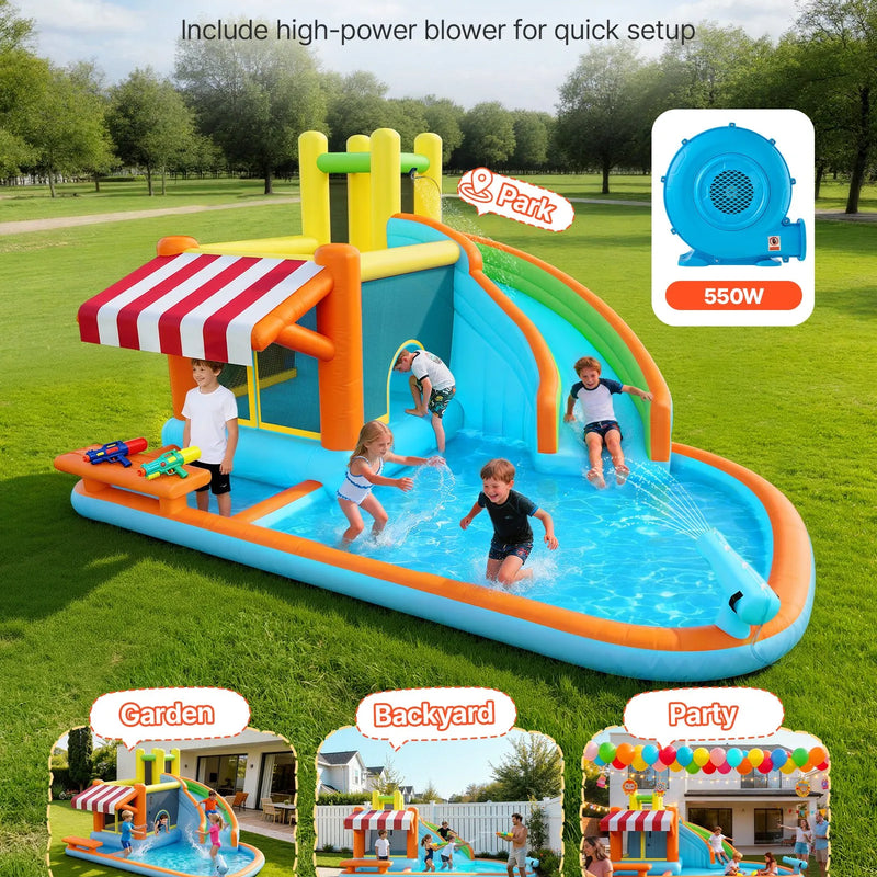 VEVOR piepūšamā lēkāšanas pils ar ūdens slidkalniņu, 4540 × 3900 × 2380 mm piepūšamā atrakcija ar lēkšanas zonu, augstu slidkalniņu, šļakatu baseinu un rotaļu tirgus kiosku, paredzēta 3–4 bērniem vecumā no 3 līdz 8 gadiem