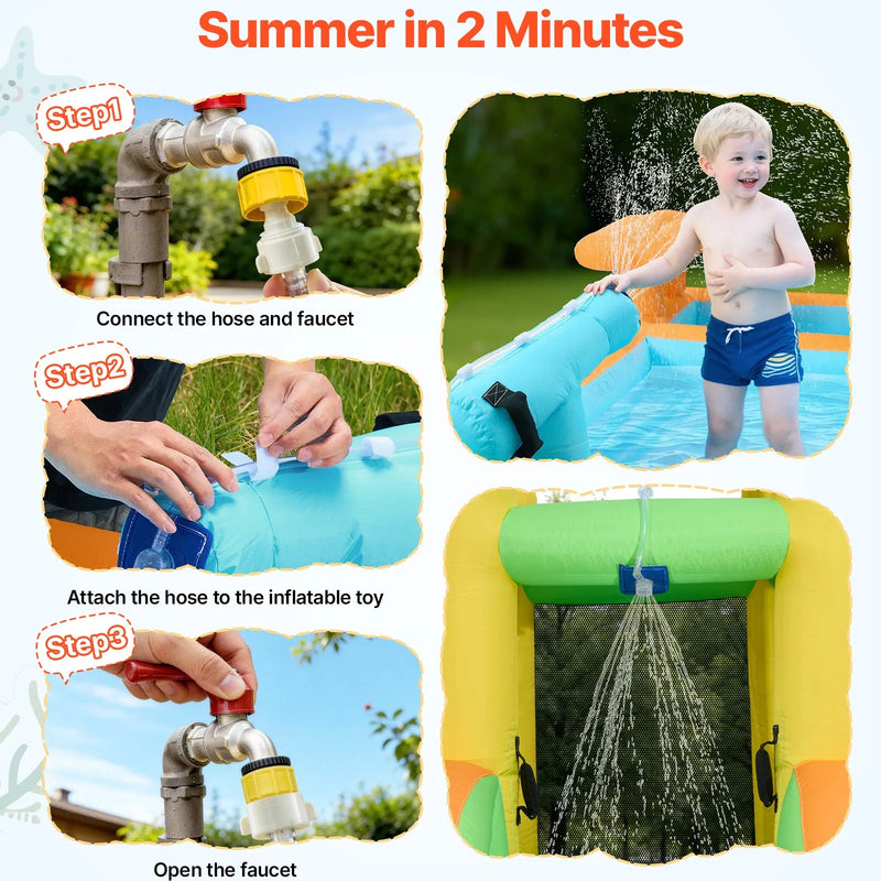 VEVOR piepūšamā lēkāšanas pils ar ūdens slidkalniņu, 4540 × 3900 × 2380 mm piepūšamā atrakcija ar lēkšanas zonu, augstu slidkalniņu, šļakatu baseinu un rotaļu tirgus kiosku, paredzēta 3–4 bērniem vecumā no 3 līdz 8 gadiem