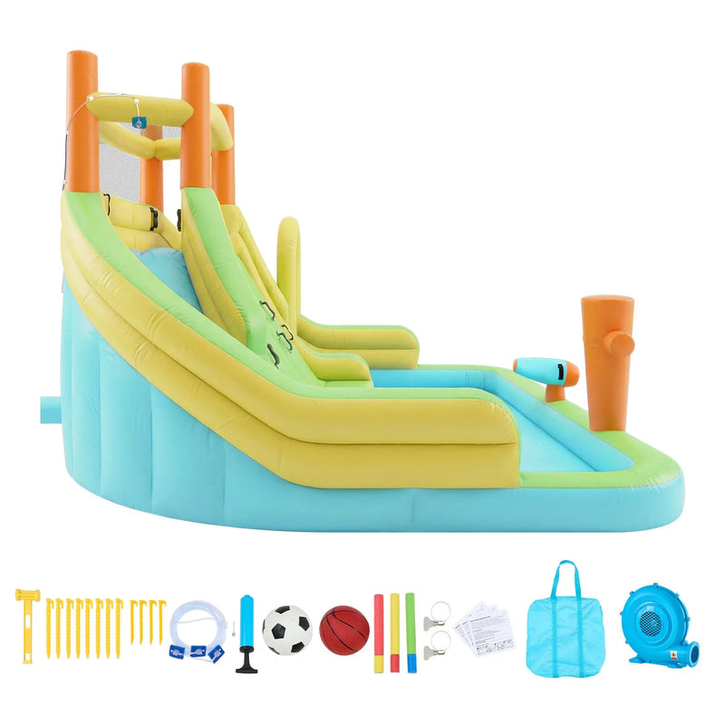 VEVOR piepūšamā lēkāšanas pils ar ūdens slidkalniņu, 4050 × 3470 × 2560 mm piepūšamā atrakcija ar kāpšanas sienu, diviem augstiem slidkalniņiem, šļakatu baseinu un mini futbola zonu, paredzēta 3–4 bērniem vecumā no 3 līdz 8 gadiem