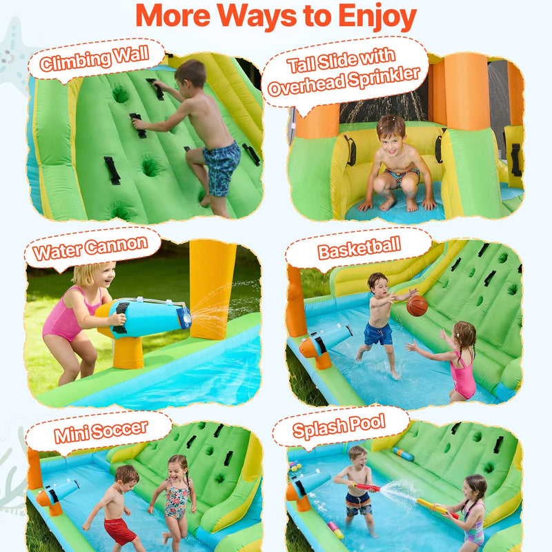 VEVOR piepūšamā lēkāšanas pils ar ūdens slidkalniņu, 4050 × 3470 × 2560 mm piepūšamā atrakcija ar kāpšanas sienu, diviem augstiem slidkalniņiem, šļakatu baseinu un mini futbola zonu, paredzēta 3–4 bērniem vecumā no 3 līdz 8 gadiem