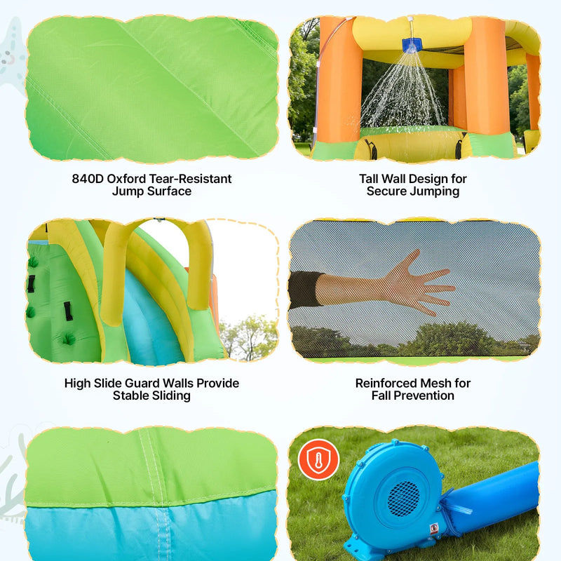 VEVOR piepūšamā lēkāšanas pils ar ūdens slidkalniņu, 4050 × 3470 × 2560 mm piepūšamā atrakcija ar kāpšanas sienu, diviem augstiem slidkalniņiem, šļakatu baseinu un mini futbola zonu, paredzēta 3–4 bērniem vecumā no 3 līdz 8 gadiem