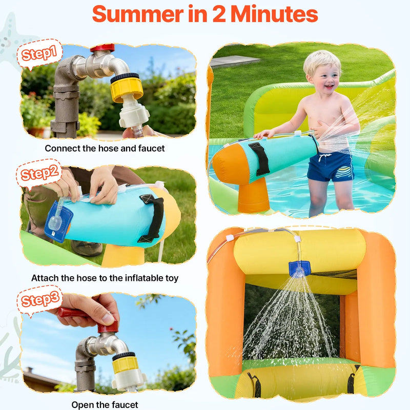 VEVOR piepūšamā lēkāšanas pils ar ūdens slidkalniņu, 4050 × 3470 × 2560 mm piepūšamā atrakcija ar kāpšanas sienu, diviem augstiem slidkalniņiem, šļakatu baseinu un mini futbola zonu, paredzēta 3–4 bērniem vecumā no 3 līdz 8 gadiem