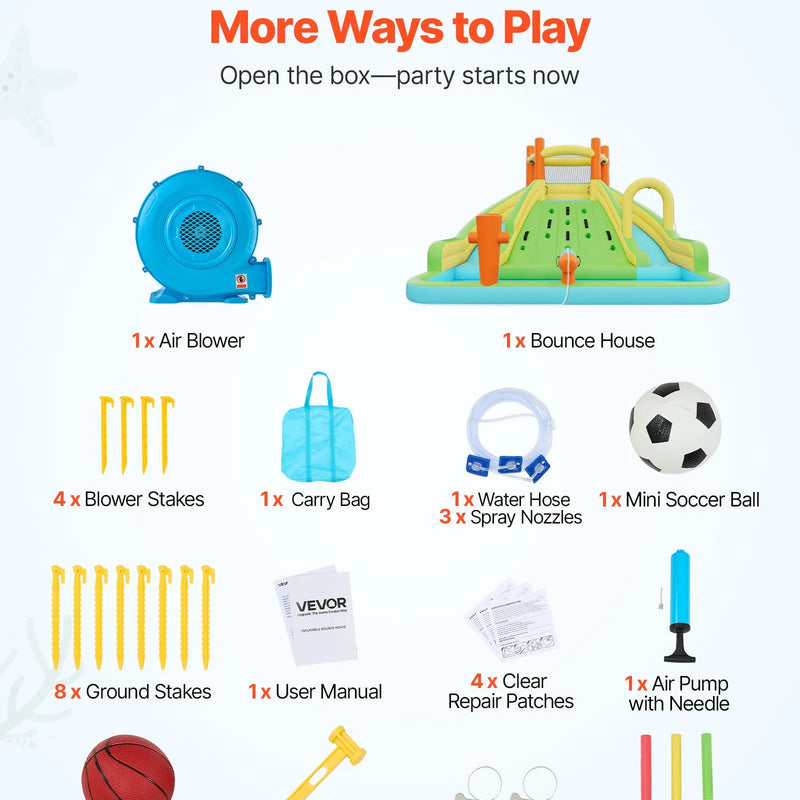VEVOR piepūšamā lēkāšanas pils ar ūdens slidkalniņu, 4050 × 3470 × 2560 mm piepūšamā atrakcija ar kāpšanas sienu, diviem augstiem slidkalniņiem, šļakatu baseinu un mini futbola zonu, paredzēta 3–4 bērniem vecumā no 3 līdz 8 gadiem
