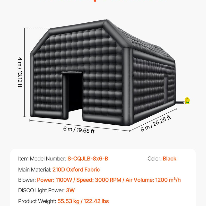 Надувной шатер VEVOR 8 x 6 x 4 м идеально подходит для вечеринок на открытом воздухе, мероприятий или любых других событий, требующих уникальной и стильной обстановки. В комплект входит подсветка для придания дополнительной атмосферы вашему мероприятию.
