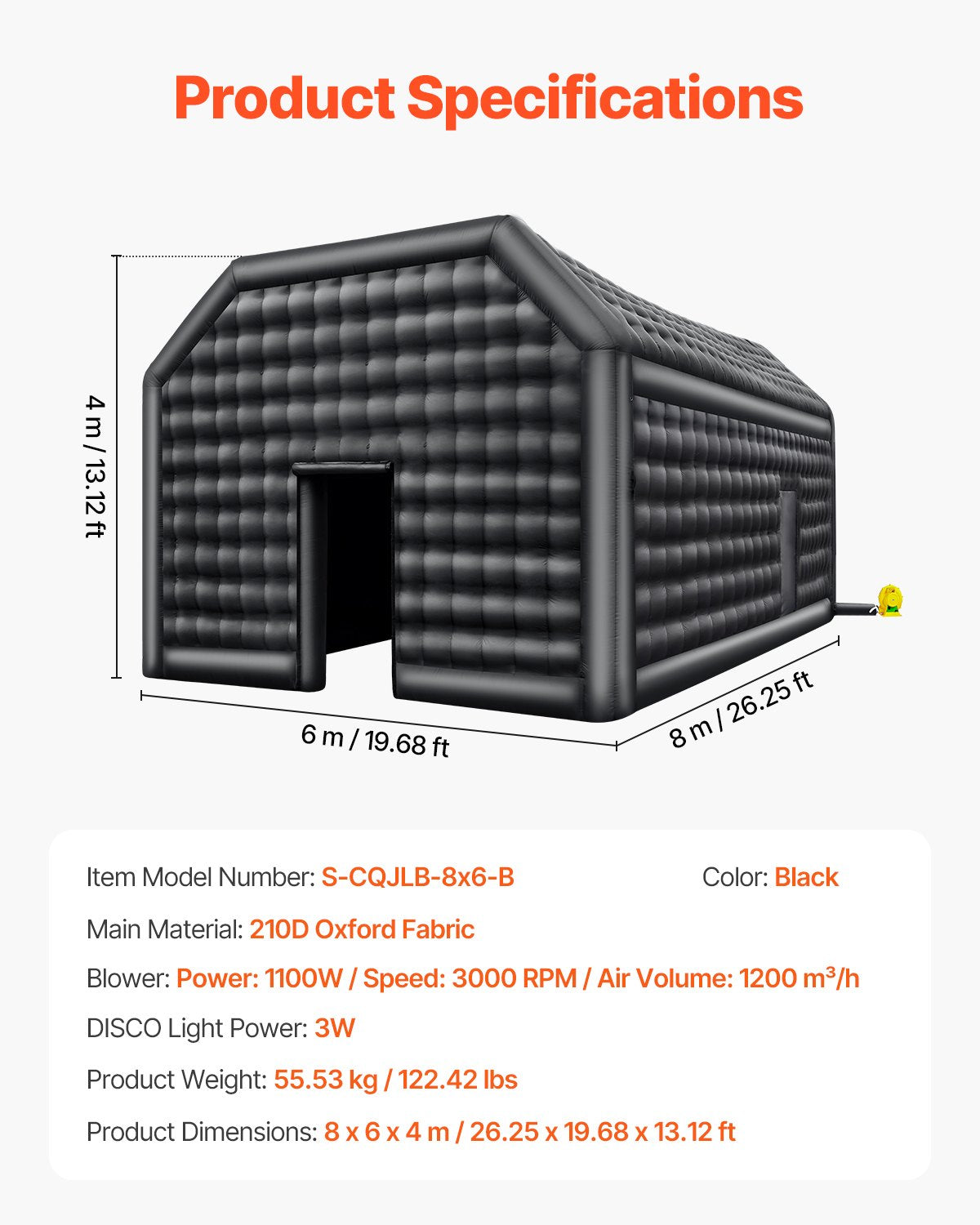 VEVOR 8 x 6 x 4m piepūšamā telts, ideāli piemērota āra ballītēm, pasākumiem vai jebkuram citam notikumam, kas prasa unikālu un stilīgu vidi. Iekļauts apgaismojums, kas piešķir papildus atmosfēru jūsu pasākumam.
