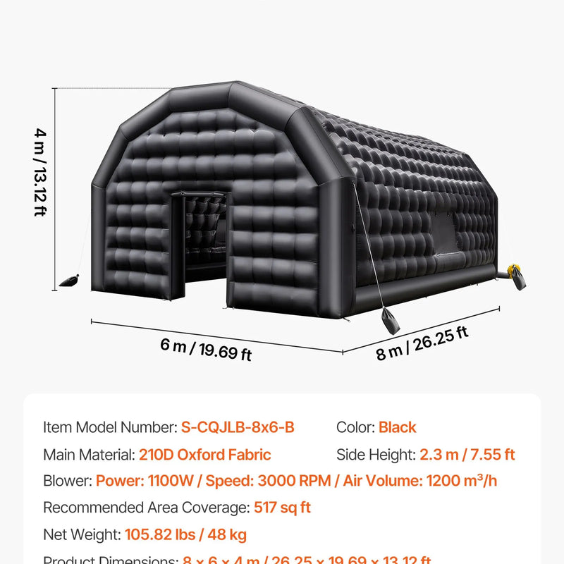 8 × 6 × 4 m piepūšamā ballīšu telts ar 1100 W gaisa pūtēju un smilšu maisiem, ventilējama piepūšamā telts ar 2 logiem, piemērota pasākumiem, dzimšanas dienām un kāzām