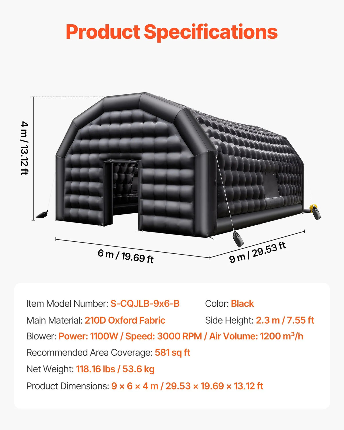 9 × 6 × 4 m piepūšama ballīšu telts ar 1100 W gaisa pūtēju un smilšu maisiem, ventilējama piepūšamā telts ar 2 logiem, piepūšama kuba tipa telpa pasākumiem, dzimšanas dienām un kāzām