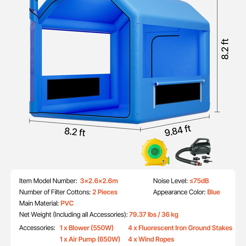 VEVOR piepūšamā krāsošanas kabīne, 3 × 2,5 × 2,5 m, piepūšamā krāsošanas kabīne ar 550 W jaudīgu gaisa pūtēju un gaisa filtrācijas sistēmu, apaļš jumts, paredzēta velosipēdu, motociklu un automobiļu virsbūves metāla detaļu krāsošanai.