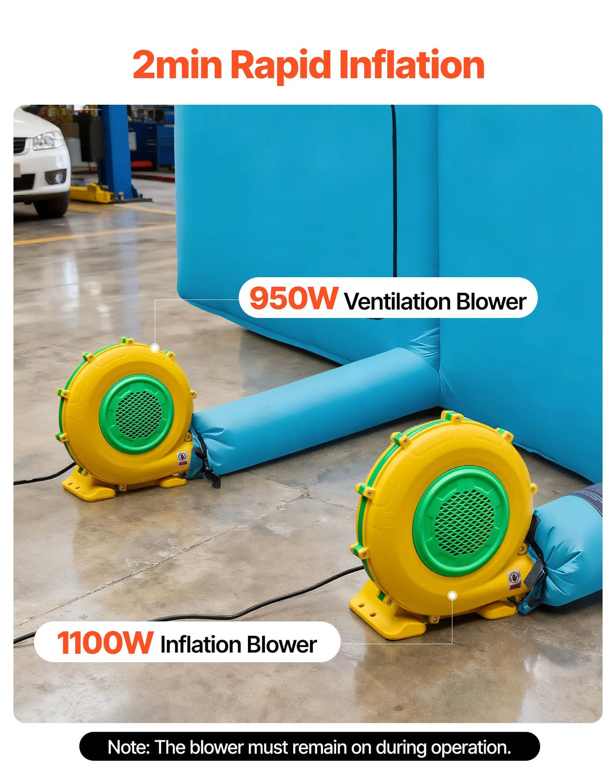 VEVOR piepūšamā krāsošanas kabīne, 12 × 5 × 4 m, ar 950 W + 1100 W gaisa pūtējiem un gaisa filtrācijas sistēmu, trīsstūrveida jumts, piemērota automobiļu, kravas auto, lielu mēbeļu un virsbūves metāla detaļu krāsošanai.