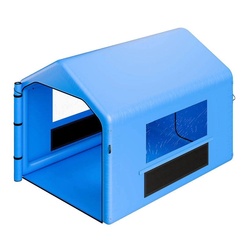 VEVOR piepūšamā krāsošanas kabīne, 4 × 3 × 2,8 m, ar 750 W jaudīgu gaisa pūtēju un gaisa filtrācijas sistēmu, trīsstūrveida jumts, paredzēta velosipēdu, motociklu un automobiļu virsbūves metāla detaļu krāsošanai.