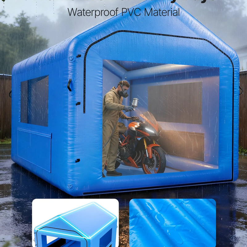 VEVOR piepūšamā krāsošanas kabīne, 4 × 3 × 2,8 m, ar 750 W jaudīgu gaisa pūtēju un gaisa filtrācijas sistēmu, trīsstūrveida jumts, paredzēta velosipēdu, motociklu un automobiļu virsbūves metāla detaļu krāsošanai.