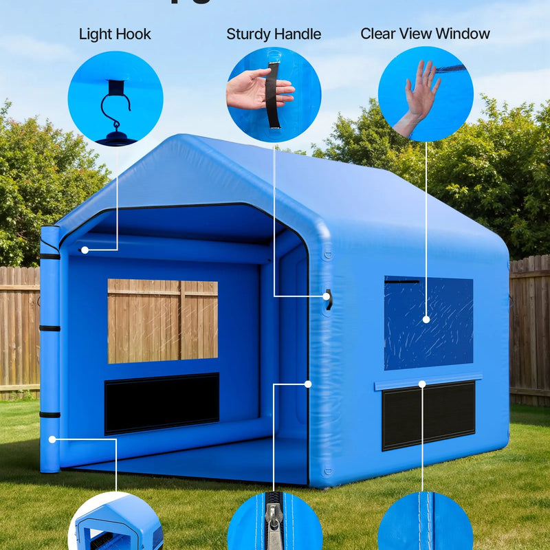 VEVOR piepūšamā krāsošanas kabīne, 4 × 3 × 2,8 m, ar 750 W jaudīgu gaisa pūtēju un gaisa filtrācijas sistēmu, trīsstūrveida jumts, paredzēta velosipēdu, motociklu un automobiļu virsbūves metāla detaļu krāsošanai.