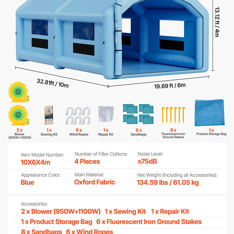 VEVOR piepūšamā krāsošanas kabīne, 10 × 6 × 4 m, piepūšamā krāsošanas kabīne ar 950 W un 1100 W gaisa pūtējiem un gaisa filtrācijas sistēmu, apaļš jumts, paredzēta automobiļu, kravas automašīnu, mēbeļu un automobiļu virsbūves metāla detaļu krāsošanai.