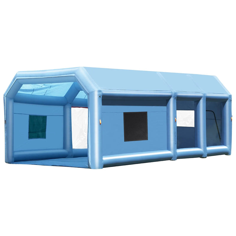 Piepūšamā krāsošanas telpa, 9 x 4,8 x 3,6 m, ar 950W un 750W jaudīgiem pūtējiem un gaisa filtru sistēmu, pārnēsājama, piemērota lieliem kravas auto, furgoniem un smagai tehnikai