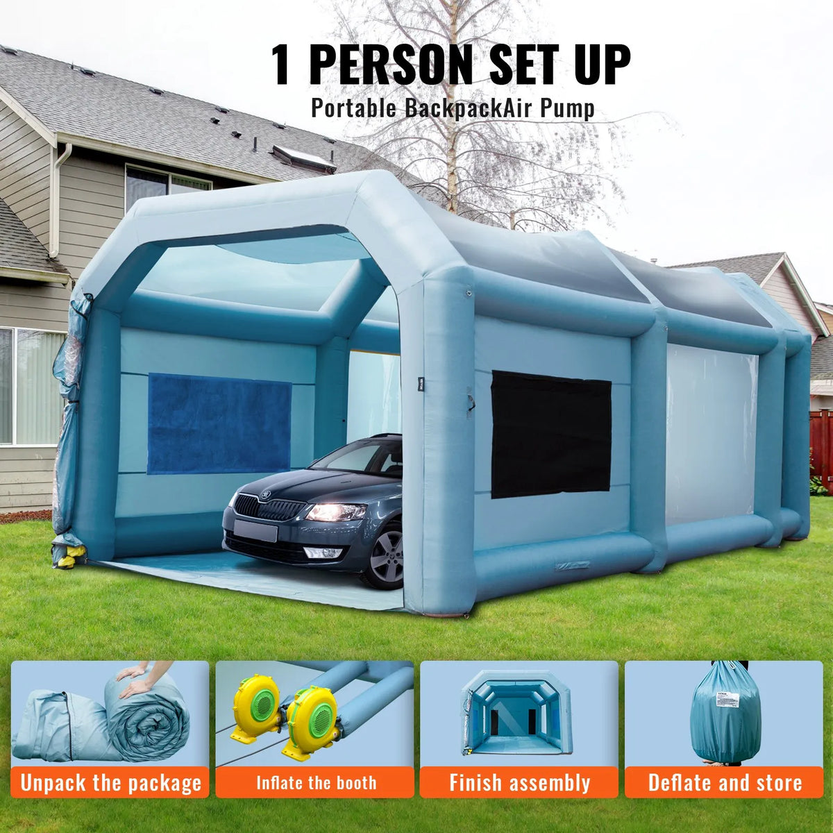 Uzpūšamā krāsošanas kabīne automašīnām 7 × 4 × 2.6 m ar filtru sistēmu un 2 ventilatoriem