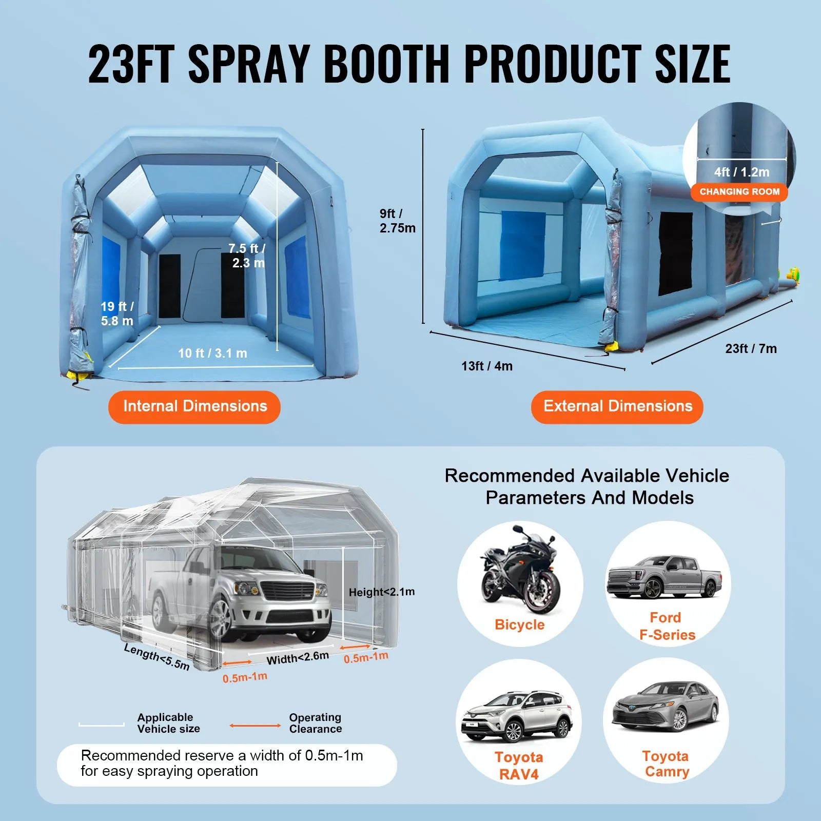Uzpūšamā krāsošanas kabīne automašīnām 7 × 4 × 2.6 m ar filtru sistēmu un 2 ventilatoriem
