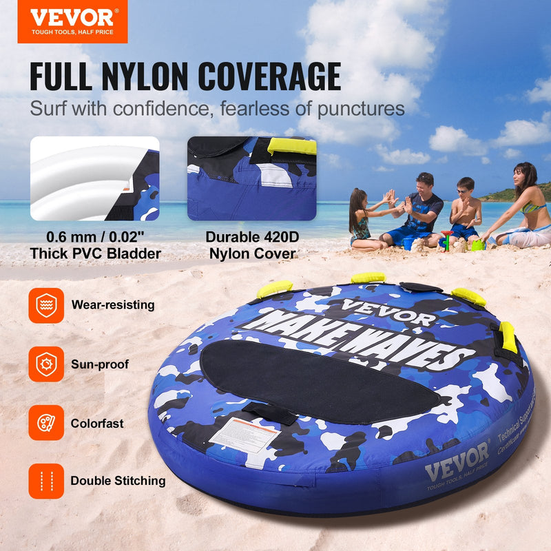 VEVOR Piepūšamā Vilkšanas Kamera Laivām, 1–2 Braucējiem, 154 kg Slodze – 131 cm Apaļš Ūdens Sporta Vilkšanas Riņķis ar Pilnu Neilona Pārklājumu, EVA Rokturiem un Ātrās Drošības Vārstu