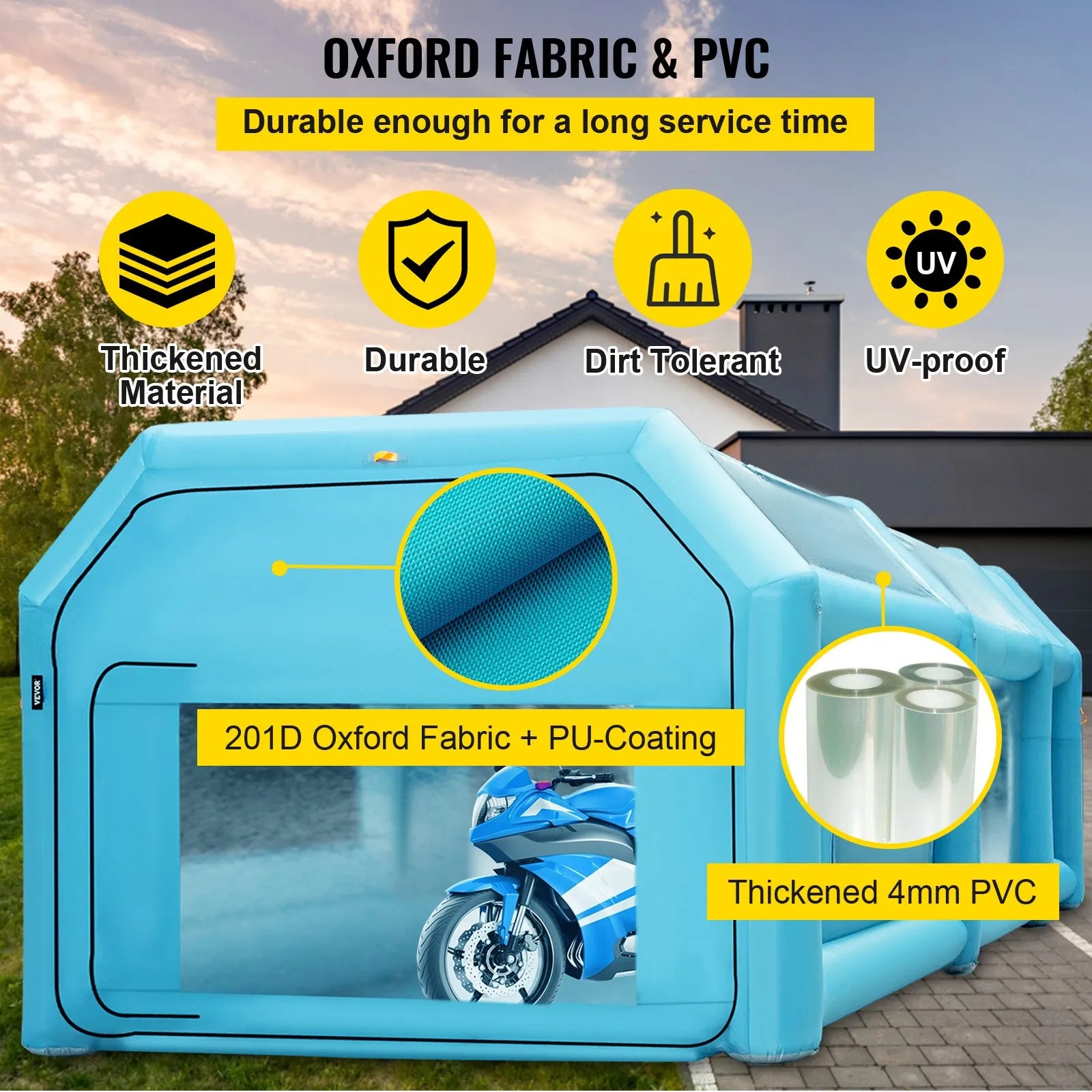 Piepūšama krāsošanas telts 4,8×2,2×2 m no Oxford auduma un PVC ar oglekļa filtriem, 2 nodalījumiem un avārijas logiem