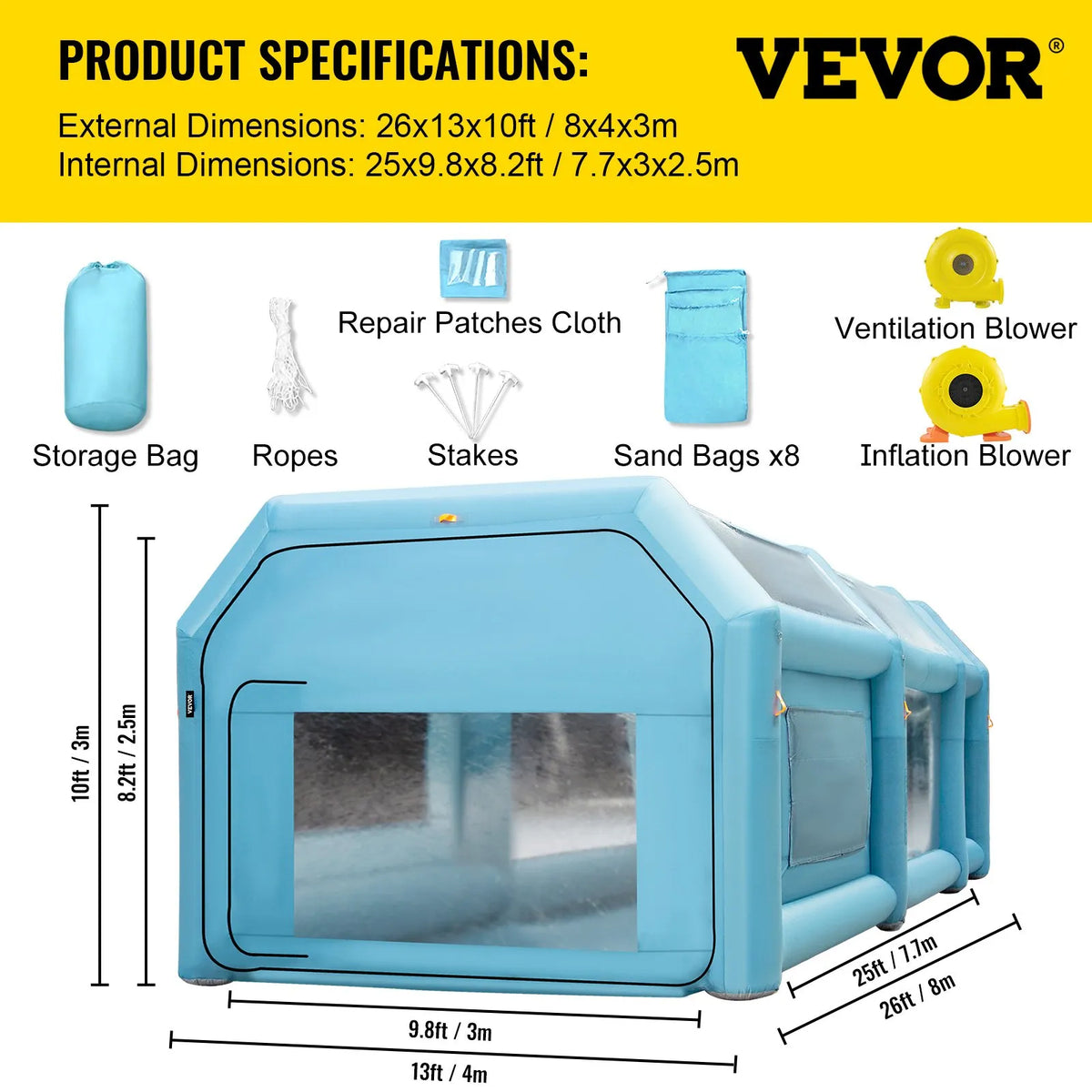 Pārnēsājama uzpūšamā krāsošanas kabīne 8 × 4.6 × 3 m ar gaisa filtru un 2 ventilatoriem