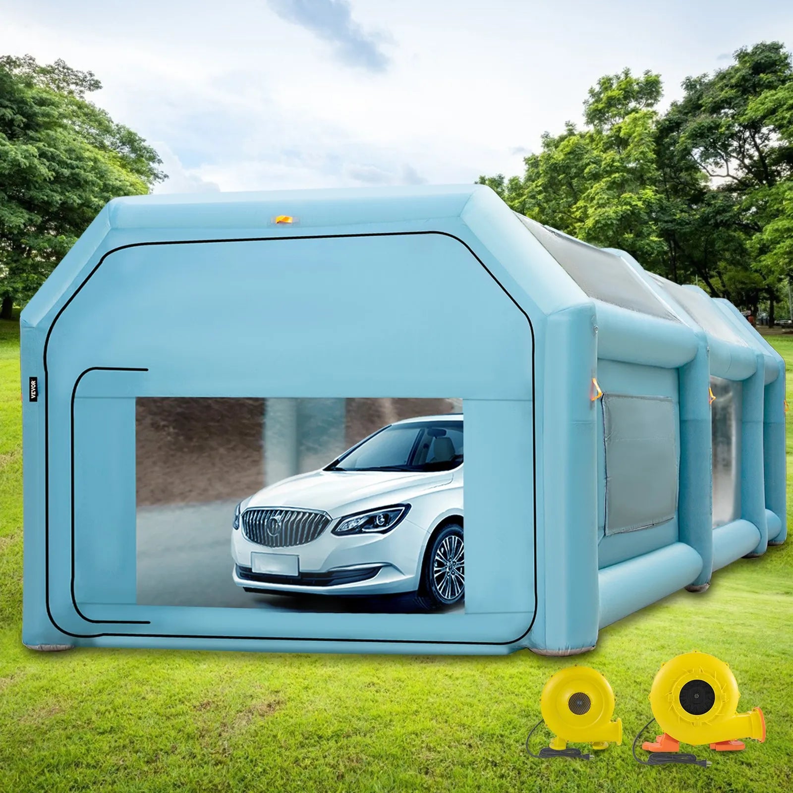Pārnēsājama uzpūšamā krāsošanas kabīne 8 × 4.6 × 3 m ar gaisa filtru un 2 ventilatoriem