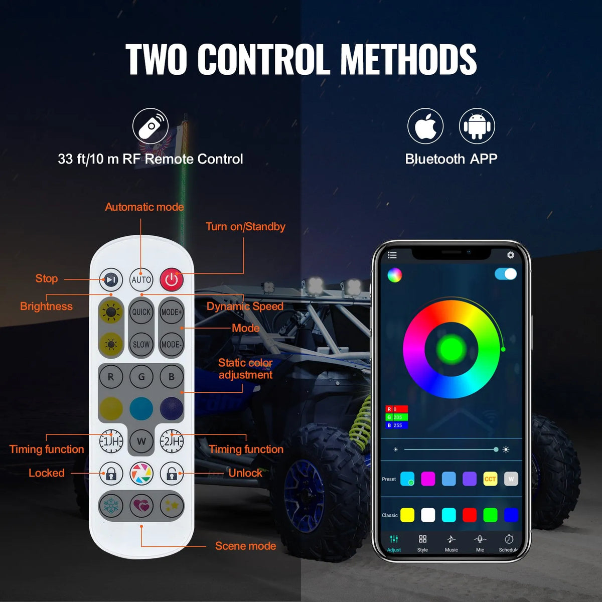 VEVOR LED mastu gaisma, 1 gab., 0,9 m ar atsperes pamatni; lietotnē un ar tālvadību vadāma 360° spirālveida RGB kustību gaisma, ūdensizturīga, ar 2 karogiem; piemērota UTV, ATV, motocikliem, RZR, Can-Am un kartingiem