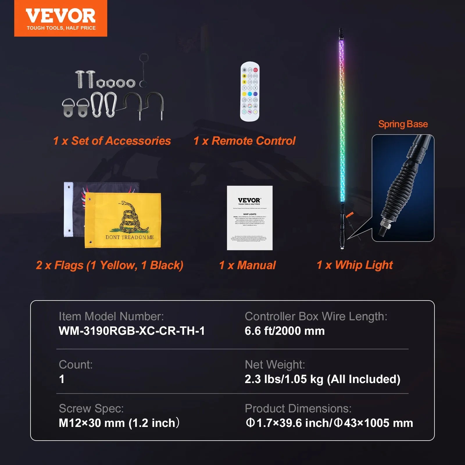 VEVOR LED mastu gaisma, 1 gab., 0,9 m ar atsperes pamatni; lietotnē un ar tālvadību vadāma 360° spirālveida RGB kustību gaisma, ūdensizturīga, ar 2 karogiem; piemērota UTV, ATV, motocikliem, RZR, Can-Am un kartingiem