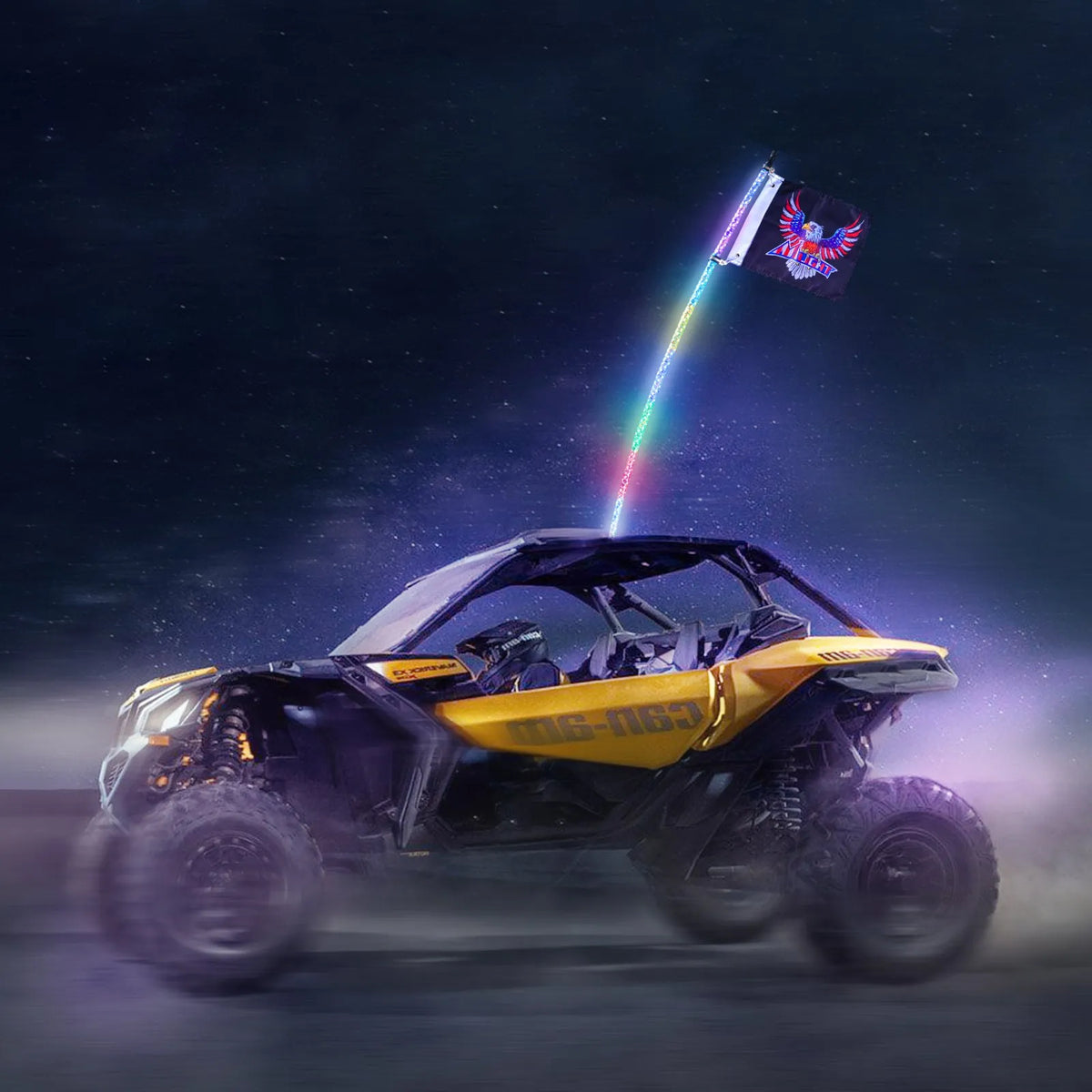 VEVOR LED mastu gaisma, 1 gab., 0,9 m ar atsperes pamatni; lietotnē un ar tālvadību vadāma 360° spirālveida RGB kustību gaisma, ūdensizturīga, ar 2 karogiem; piemērota UTV, ATV, motocikliem, RZR, Can-Am un kartingiem