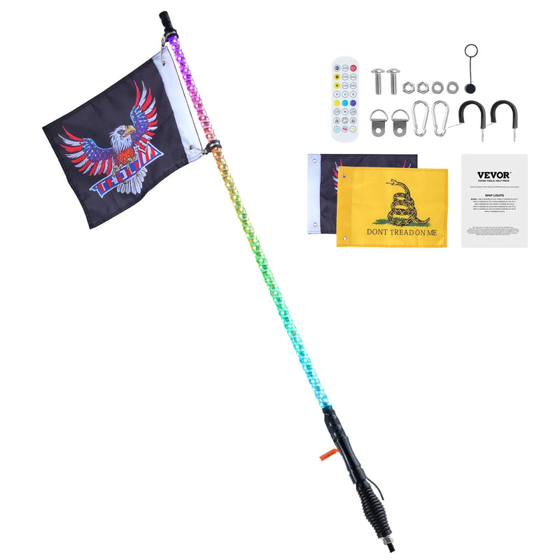 VEVOR LED mastu gaisma, 1 gab., 0,9 m ar atsperes pamatni; lietotnē un ar tālvadību vadāma 360° spirālveida RGB kustību gaisma, ūdensizturīga, ar 2 karogiem; piemērota UTV, ATV, motocikliem, RZR, Can-Am un kartingiem