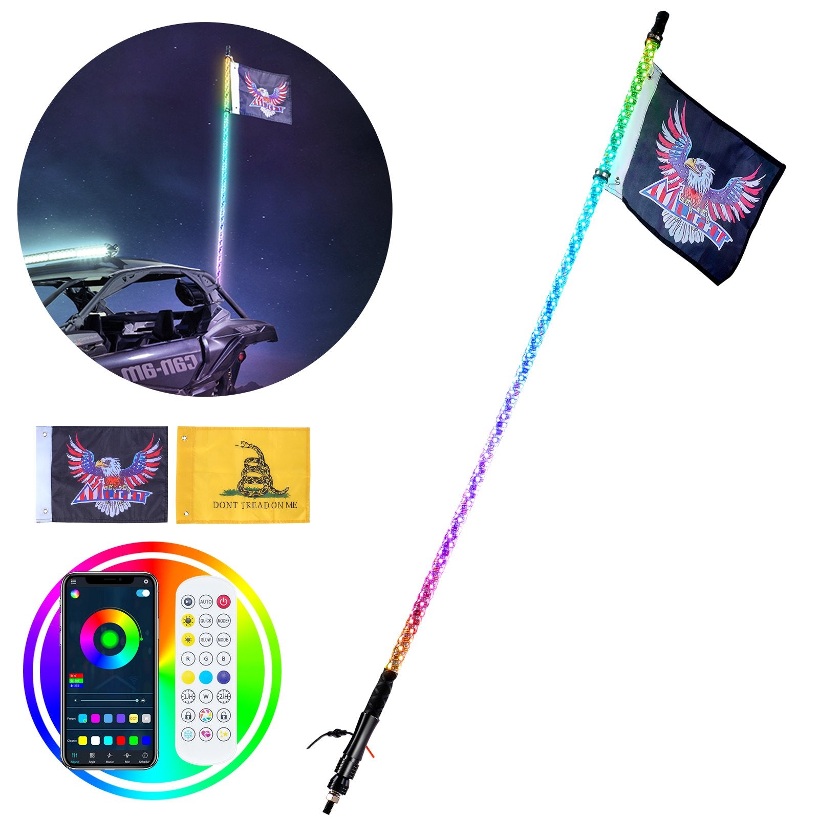 VEVOR LED spirālveida antenas gaisma, 1 gab., 0,9 m, RGB, ar tālvadību un lietotni, piemērota ATV, UTV, RZR