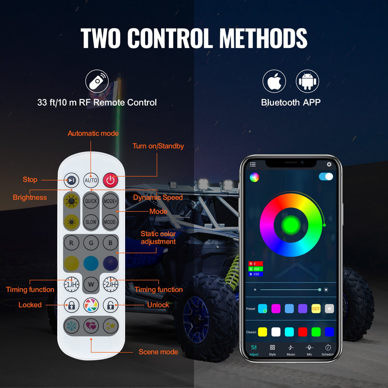 VEVOR LED spirālveida antenas gaisma, 1 gab., 0,9 m, RGB, ar tālvadību un lietotni, piemērota ATV, UTV, RZR