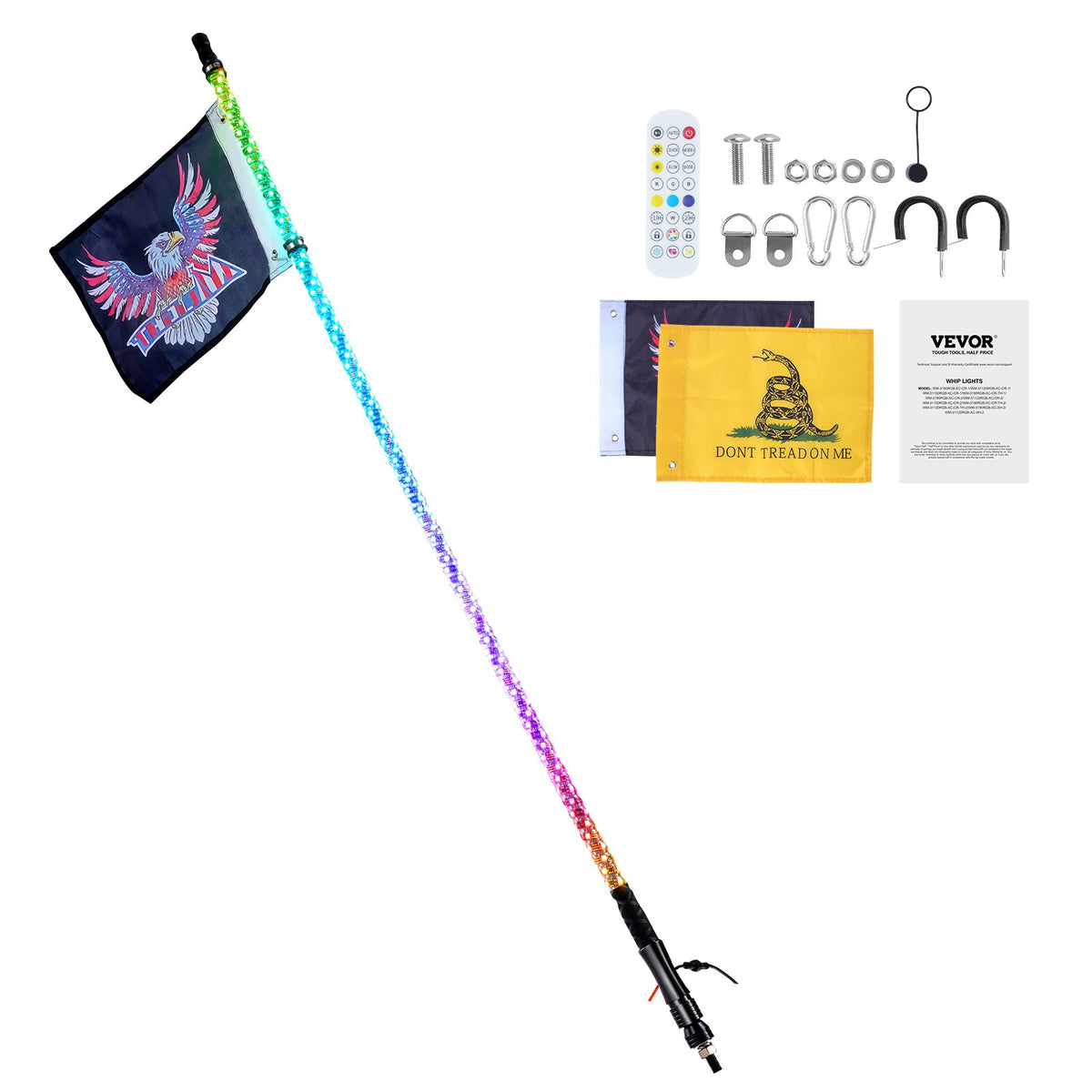VEVOR LED spirālveida antenas gaisma, 1 gab., 0,9 m, RGB, ar tālvadību un lietotni, piemērota ATV, UTV, RZR