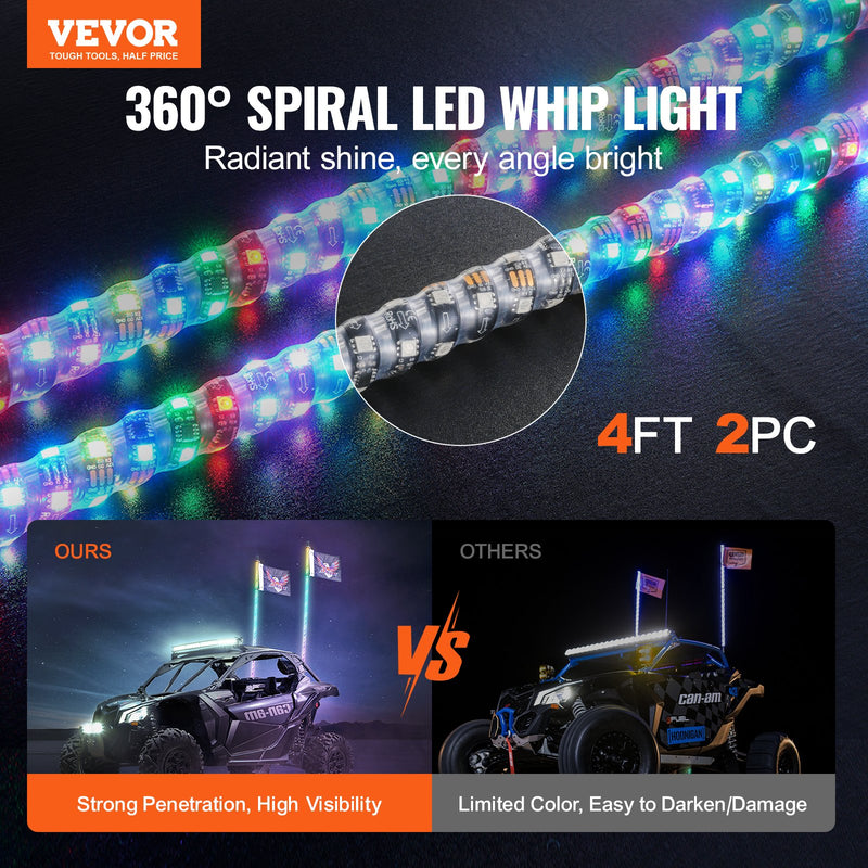 VEVOR LED spirālveida antenas gaismas, 2 gab., 1,2 m, RGB, ar tālvadību un lietotni, piemērotas ATV, UTV, RZR