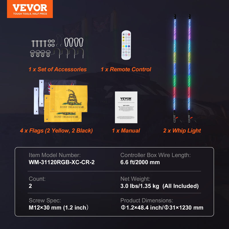 VEVOR LED spirālveida antenas gaismas, 2 gab., 1,2 m, RGB, ar tālvadību un lietotni, piemērotas ATV, UTV, RZR