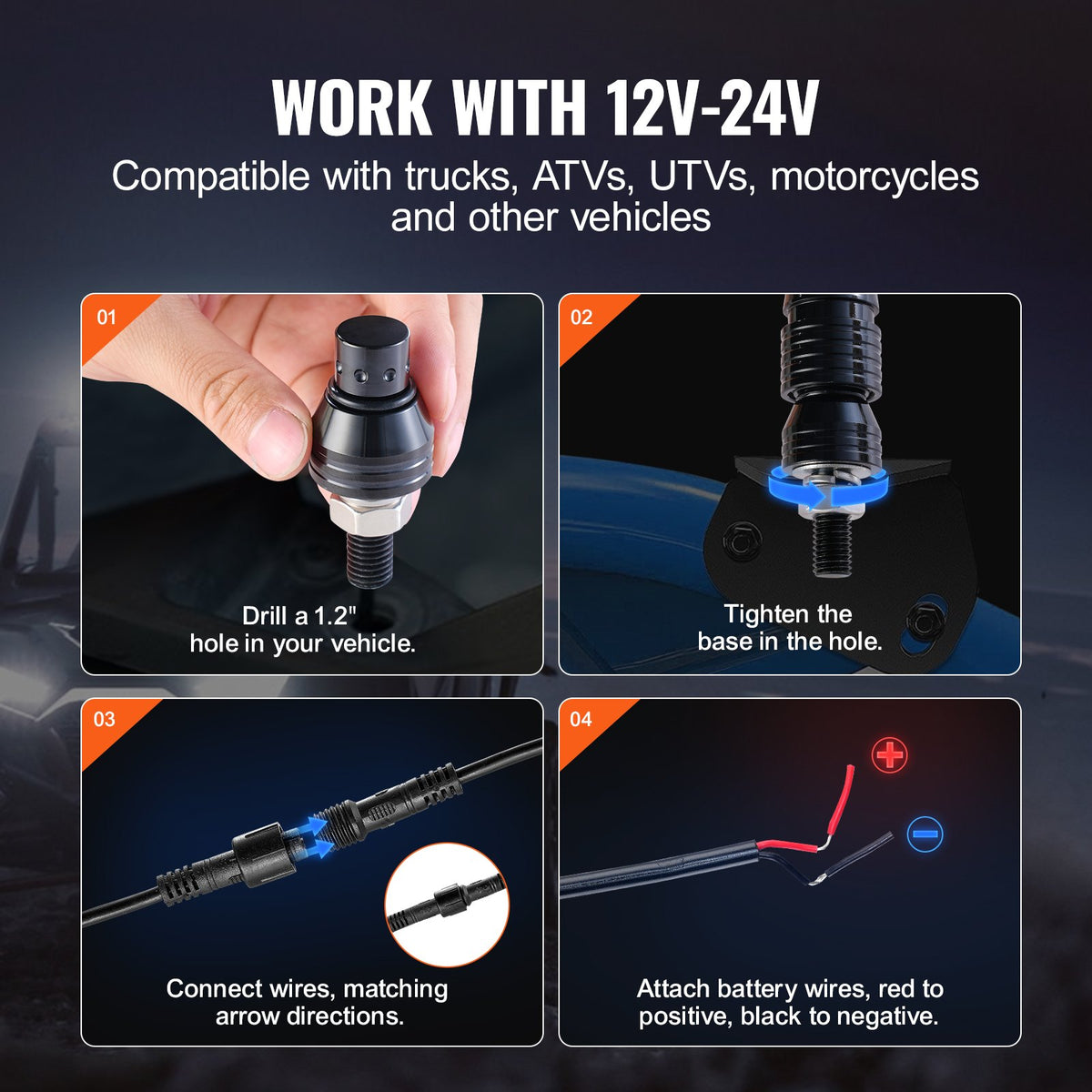 VEVOR LED spirālveida antenas gaisma, 1 gab., 1,5 m, RGB, ar tālvadību un lietotni, piemērota ATV, UTV, RZR