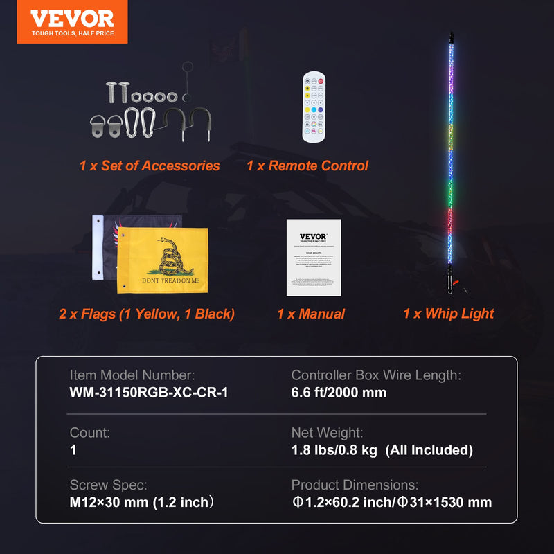 VEVOR LED spirālveida antenas gaisma, 1 gab., 1,5 m, RGB, ar tālvadību un lietotni, piemērota ATV, UTV, RZR