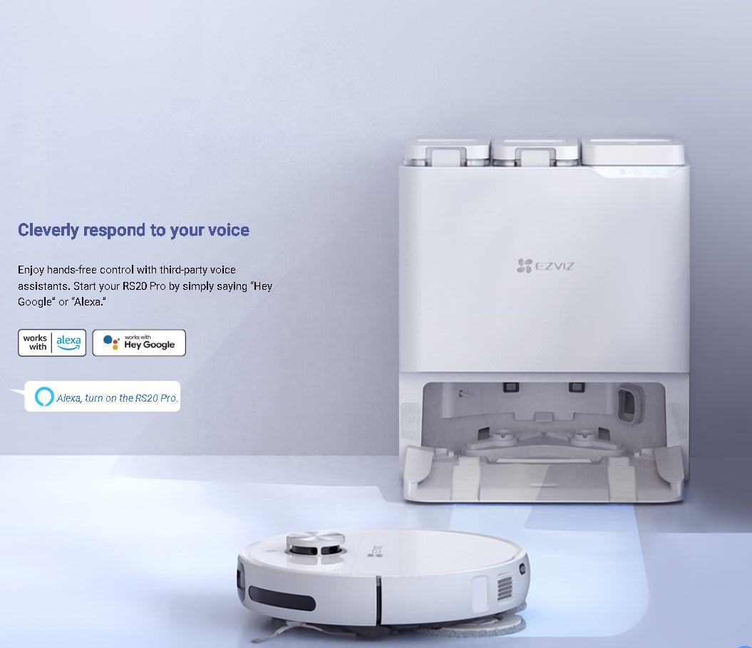 EZVIZ RS20 Pro robottolmuimeja ja põrandapuhasti, 7200 Pa võimas imemine, ühildub "Hey Google" või "Alexaga"