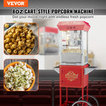 VEVOR popkorna aparāts ar ratiņiem 850 W ar 8 oz katlu līdz 48 porcijām vienā reizē, ar rūdīta stikla korpusu un 4 kausiņiem, kino stila, sarkans